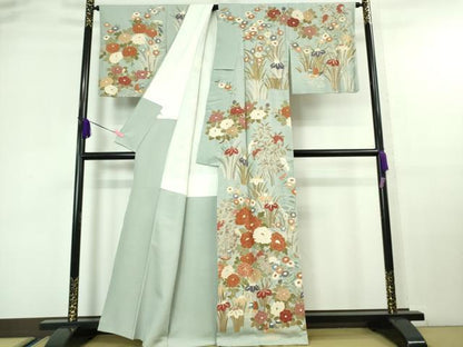 平和屋本店■極上　中国三大刺繍　スワトウ刺繍　汕頭刺繍　総刺繍　訪問着　鴛鴦草花文　秘色色地　金糸　逸品　DZAA6633kh5