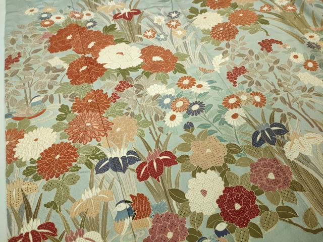 平和屋本店■極上　中国三大刺繍　スワトウ刺繍　汕頭刺繍　総刺繍　訪問着　鴛鴦草花文　秘色色地　金糸　逸品　DZAA6633kh5