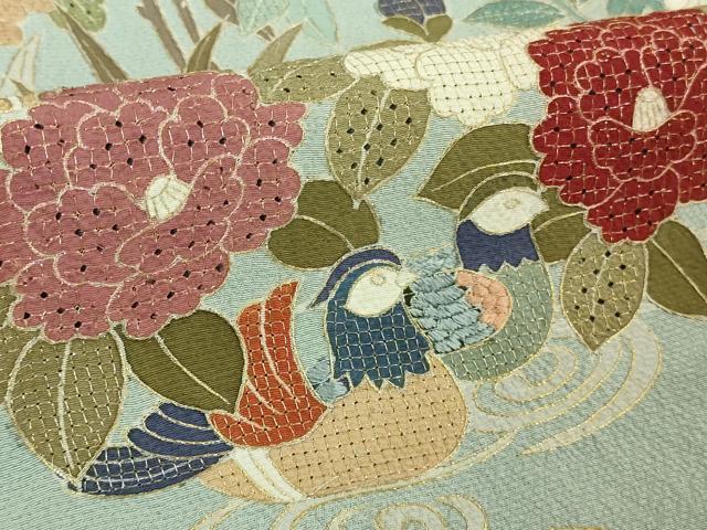 平和屋本店■極上　中国三大刺繍　スワトウ刺繍　汕頭刺繍　総刺繍　訪問着　鴛鴦草花文　秘色色地　金糸　逸品　DZAA6633kh5