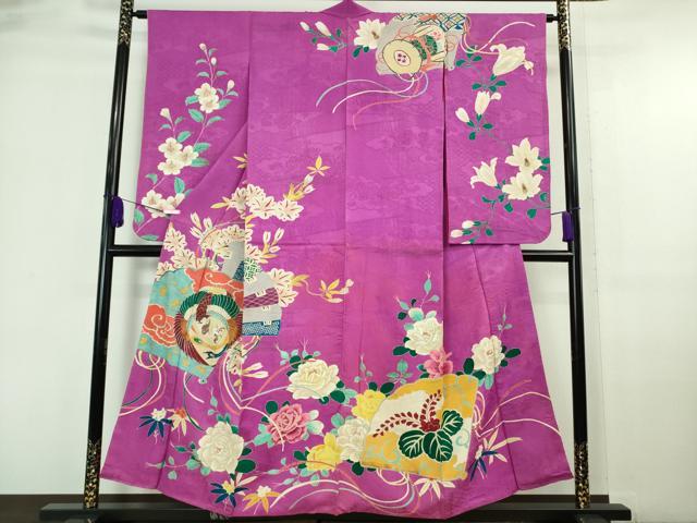 平和屋本店■極上　アンティーク　大正ロマン　振袖　駒刺繍　扇面花鳥文　金彩　逸品　DZAA6649kh5