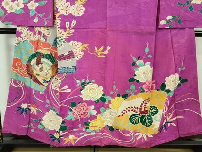 平和屋本店■極上　アンティーク　大正ロマン　振袖　駒刺繍　扇面花鳥文　金彩　逸品　DZAA6649kh5