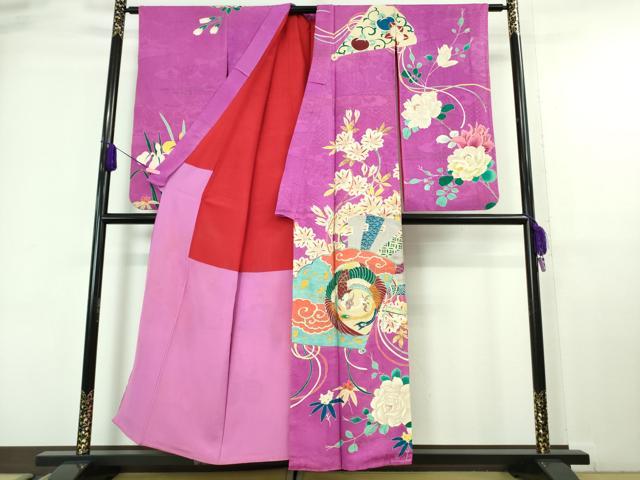 平和屋本店■極上　アンティーク　大正ロマン　振袖　駒刺繍　扇面花鳥文　金彩　逸品　DZAA6649kh5