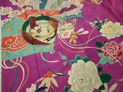 平和屋本店■極上　アンティーク　大正ロマン　振袖　駒刺繍　扇面花鳥文　金彩　逸品　DZAA6649kh5