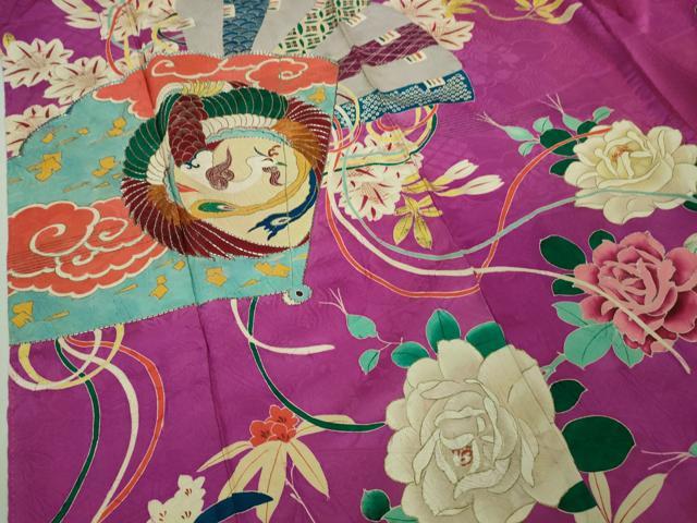 平和屋本店■極上　アンティーク　大正ロマン　振袖　駒刺繍　扇面花鳥文　金彩　逸品　DZAA6649kh5