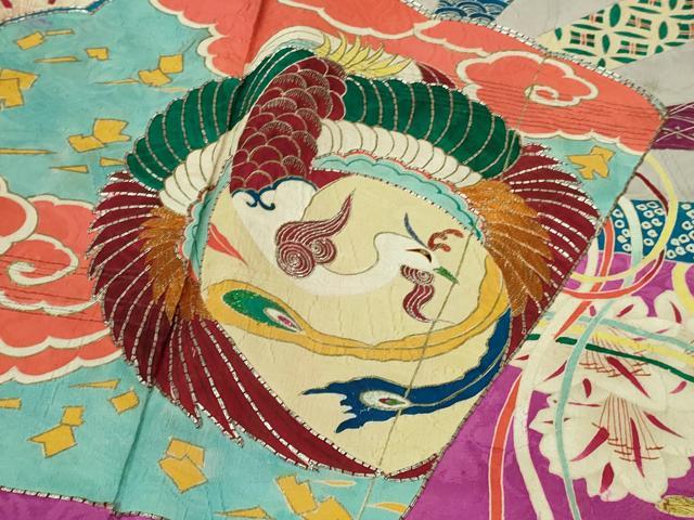 平和屋本店■極上　アンティーク　大正ロマン　振袖　駒刺繍　扇面花鳥文　金彩　逸品　DZAA6649kh5