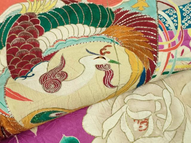 平和屋本店■極上　アンティーク　大正ロマン　振袖　駒刺繍　扇面花鳥文　金彩　逸品　DZAA6649kh5