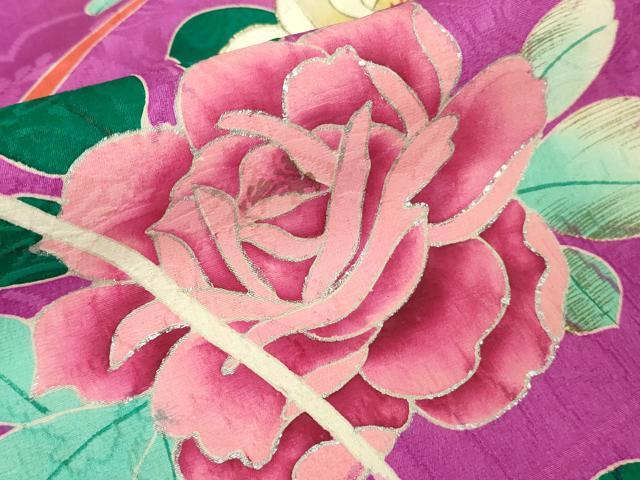 平和屋本店■極上　アンティーク　大正ロマン　振袖　駒刺繍　扇面花鳥文　金彩　逸品　DZAA6649kh5
