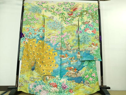 平和屋本店■極上　振袖　手描き　孔雀　尾長鳥　鴛鴦　花　仮絵羽　逸品　未使用　DZAA6650kh5