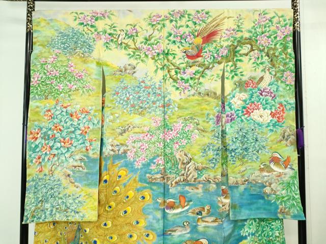 平和屋本店■極上　振袖　手描き　孔雀　尾長鳥　鴛鴦　花　仮絵羽　逸品　未使用　DZAA6650kh5