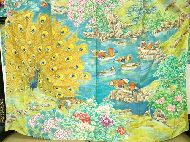 平和屋本店■極上　振袖　手描き　孔雀　尾長鳥　鴛鴦　花　仮絵羽　逸品　未使用　DZAA6650kh5