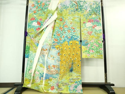 平和屋本店■極上　振袖　手描き　孔雀　尾長鳥　鴛鴦　花　仮絵羽　逸品　未使用　DZAA6650kh5
