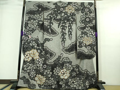 平和屋本店■極上　振袖　駒刺繍　絞り　吉祥花文　黒地　逸品　DZAA6661kh5