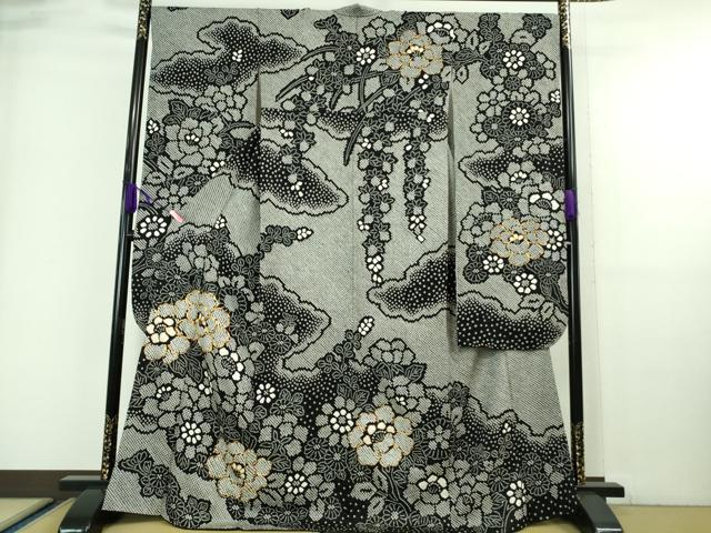 平和屋本店■極上　振袖　駒刺繍　絞り　吉祥花文　黒地　逸品　DZAA6661kh5