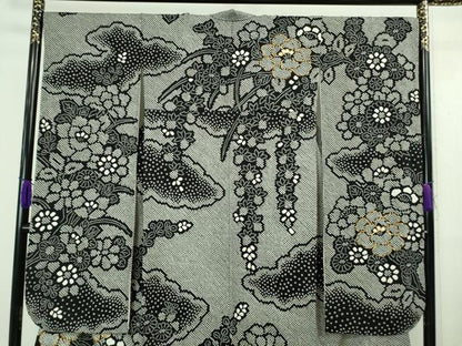 平和屋本店■極上　振袖　駒刺繍　絞り　吉祥花文　黒地　逸品　DZAA6661kh5