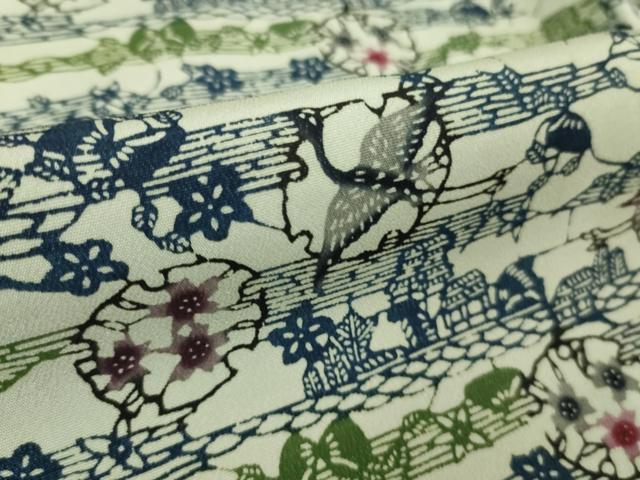 平和屋本店■最高級　城間栄順　本場琉球紅型　小紋　花鳥風景　絹鼠色地　参考資料付き　逸品　DZAA6671kh5