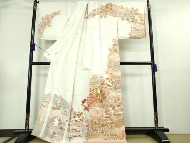 平和屋本店■極上　訪問着　単衣　駒刺繍　風景吉祥花文　象牙色地　金彩　ますいわ屋扱い　逸品　DZAA6676kh5