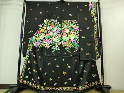 平和屋本店■極上　振袖　希少柄　果物　フルーツ　葡萄　リンゴ　苺　さくらんぼ　黒地　金彩　逸品　未使用　DZAA6685kh5
