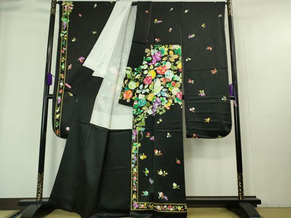 平和屋本店■極上　振袖　希少柄　果物　フルーツ　葡萄　リンゴ　苺　さくらんぼ　黒地　金彩　逸品　未使用　DZAA6685kh5