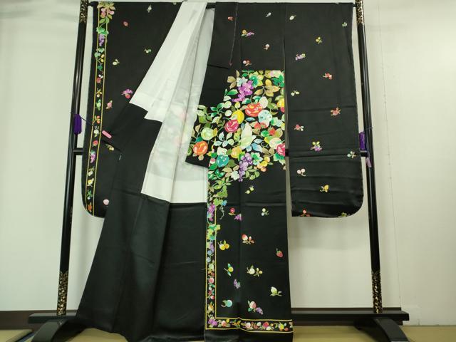平和屋本店■極上　振袖　希少柄　果物　フルーツ　葡萄　リンゴ　苺　さくらんぼ　黒地　金彩　逸品　未使用　DZAA6685kh5
