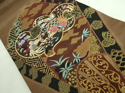 平和屋着物●極上 児島廣和 アトリエ 聖jin苑 太鼓柄袋帯 駒刺繍 紬地 花鳥文 金彩 黒茶色地 逸品 DZAA6703kh5