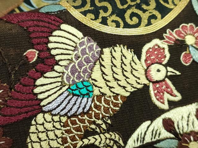 平和屋着物●極上 児島廣和 アトリエ 聖jin苑 太鼓柄袋帯 駒刺繍 紬地 花鳥文 金彩 黒茶色地 逸品 DZAA6703kh5