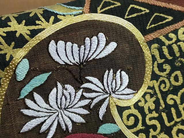 平和屋着物●極上 児島廣和 アトリエ 聖jin苑 太鼓柄袋帯 駒刺繍 紬地 花鳥文 金彩 黒茶色地 逸品 DZAA6703kh5