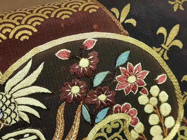 平和屋着物●極上 児島廣和 アトリエ 聖jin苑 太鼓柄袋帯 駒刺繍 紬地 花鳥文 金彩 黒茶色地 逸品 DZAA6703kh5