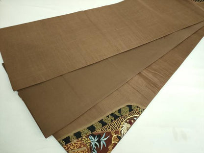 平和屋着物●極上 児島廣和 アトリエ 聖jin苑 太鼓柄袋帯 駒刺繍 紬地 花鳥文 金彩 黒茶色地 逸品 DZAA6703kh5