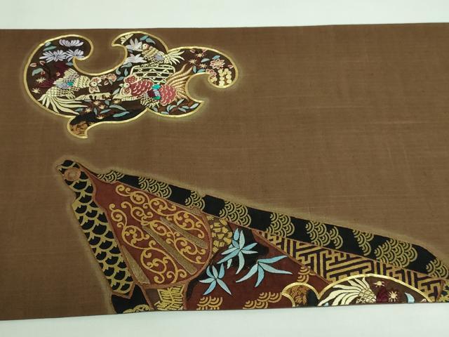 平和屋着物●極上 児島廣和 アトリエ 聖jin苑 太鼓柄袋帯 駒刺繍 紬地 花鳥文 金彩 黒茶色地 逸品 DZAA6703kh5