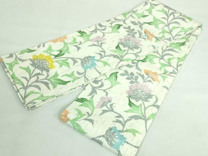 平和屋着物●極上 半幅帯 型染め ぜんまい紬 更紗花文 逸品 未使用 DZAA6711kh5