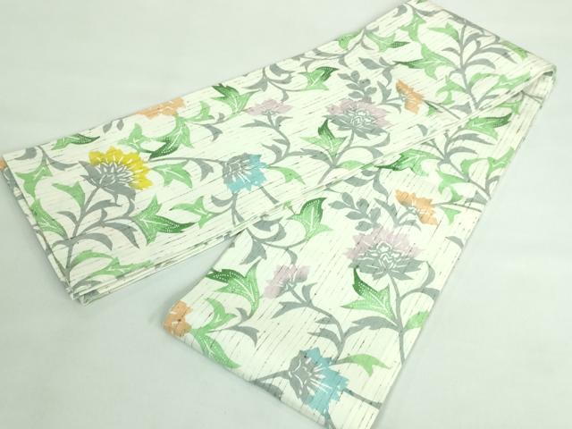平和屋着物●極上 半幅帯 型染め ぜんまい紬 更紗花文 逸品 未使用 DZAA6711kh5