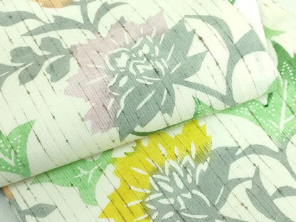 平和屋着物●極上 半幅帯 型染め ぜんまい紬 更紗花文 逸品 未使用 DZAA6711kh5