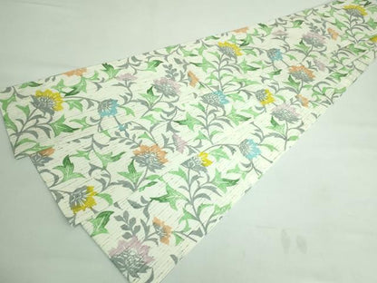 平和屋着物●極上 半幅帯 型染め ぜんまい紬 更紗花文 逸品 未使用 DZAA6711kh5