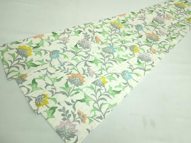 平和屋着物●極上 半幅帯 型染め ぜんまい紬 更紗花文 逸品 未使用 DZAA6711kh5
