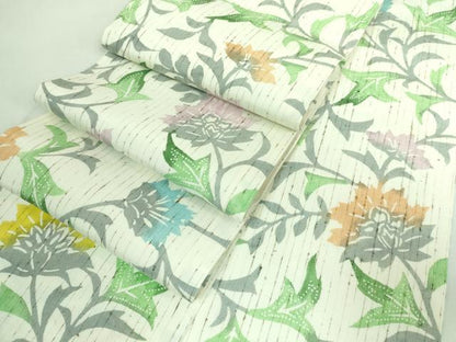 平和屋着物●極上 半幅帯 型染め ぜんまい紬 更紗花文 逸品 未使用 DZAA6711kh5