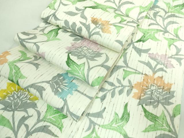 平和屋着物●極上 半幅帯 型染め ぜんまい紬 更紗花文 逸品 未使用 DZAA6711kh5