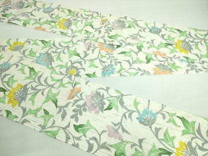 平和屋着物●極上 半幅帯 型染め ぜんまい紬 更紗花文 逸品 未使用 DZAA6711kh5