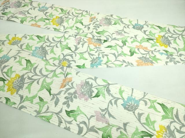 平和屋着物●極上 半幅帯 型染め ぜんまい紬 更紗花文 逸品 未使用 DZAA6711kh5