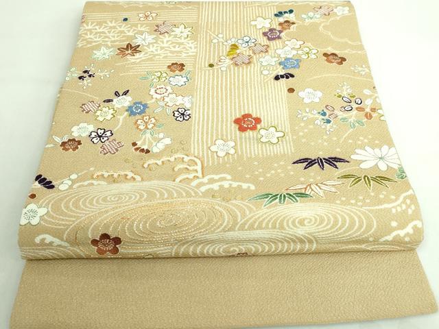 平和屋本店■極上　九寸開き名古屋帯　駒刺繍　御所解文　金糸　伽羅色地　鬼しぼ縮緬　逸品　DZAA6731kh5