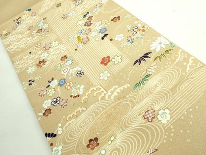 平和屋本店■極上　九寸開き名古屋帯　駒刺繍　御所解文　金糸　伽羅色地　鬼しぼ縮緬　逸品　DZAA6731kh5