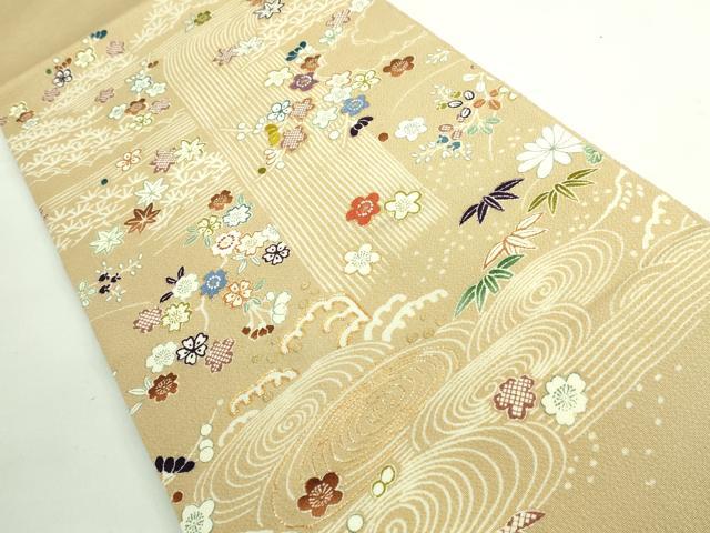 平和屋本店■極上　九寸開き名古屋帯　駒刺繍　御所解文　金糸　伽羅色地　鬼しぼ縮緬　逸品　DZAA6731kh5