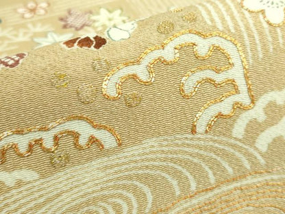 平和屋本店■極上　九寸開き名古屋帯　駒刺繍　御所解文　金糸　伽羅色地　鬼しぼ縮緬　逸品　DZAA6731kh5