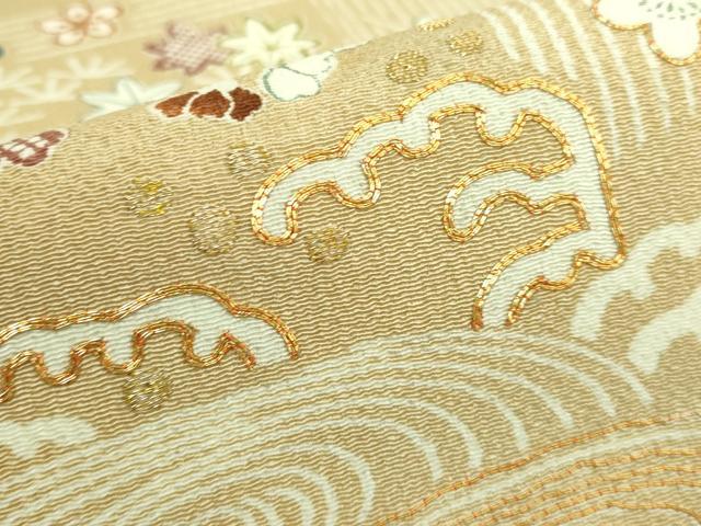 平和屋本店■極上　九寸開き名古屋帯　駒刺繍　御所解文　金糸　伽羅色地　鬼しぼ縮緬　逸品　DZAA6731kh5