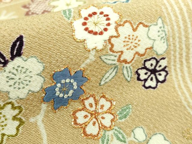 平和屋本店■極上　九寸開き名古屋帯　駒刺繍　御所解文　金糸　伽羅色地　鬼しぼ縮緬　逸品　DZAA6731kh5