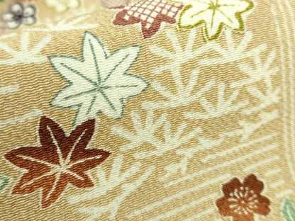 平和屋本店■極上　九寸開き名古屋帯　駒刺繍　御所解文　金糸　伽羅色地　鬼しぼ縮緬　逸品　DZAA6731kh5