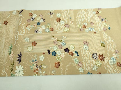 平和屋本店■極上　九寸開き名古屋帯　駒刺繍　御所解文　金糸　伽羅色地　鬼しぼ縮緬　逸品　DZAA6731kh5