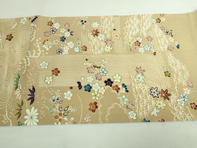 平和屋本店■極上　九寸開き名古屋帯　駒刺繍　御所解文　金糸　伽羅色地　鬼しぼ縮緬　逸品　DZAA6731kh5
