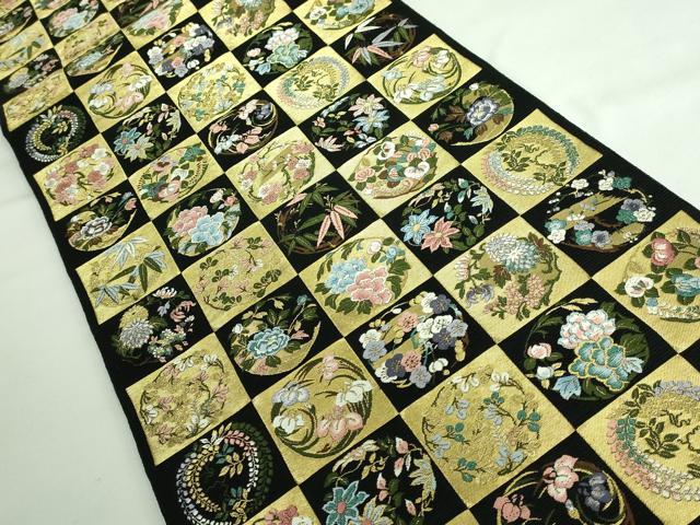 平和屋着物●極上 西陣の老舗 1782年創業 山下織物 六通柄袋帯 唐織 市松取四季花の丸 黒地 金糸 逸品 DZAA6759kh5