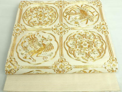平和屋着物＊極上 夏物 絽綴れ 太鼓柄袋帯 総駒刺繍 格天井花鳥文 金糸 逸品 DZAA6774kh5