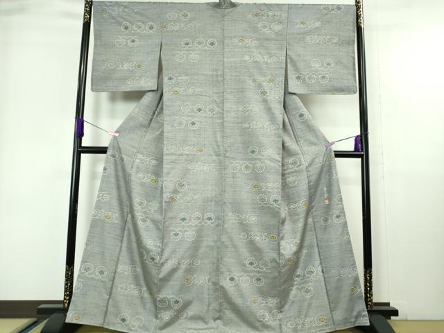平和屋本店■極上　和染紅型　栗山紅型　栗山吉三郎　紬　花唐草文　逸品　未使用　DZAA6813kh5